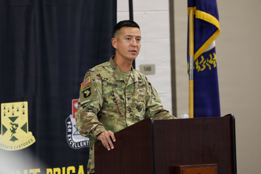 U.S. Army Col. Terry Durham, commander of Kentucky's 149th Maneuver Enhancement Brigade, delivers remarks during a ceremony held at the Richmond National Guard Armory, Sept. 11, 2026. During the ceremony, Command Sgt. Maj. Aaron T. Lester relinquished responsibility of the brigade to Command Sgt. Maj. Bryan M. Jefferson.