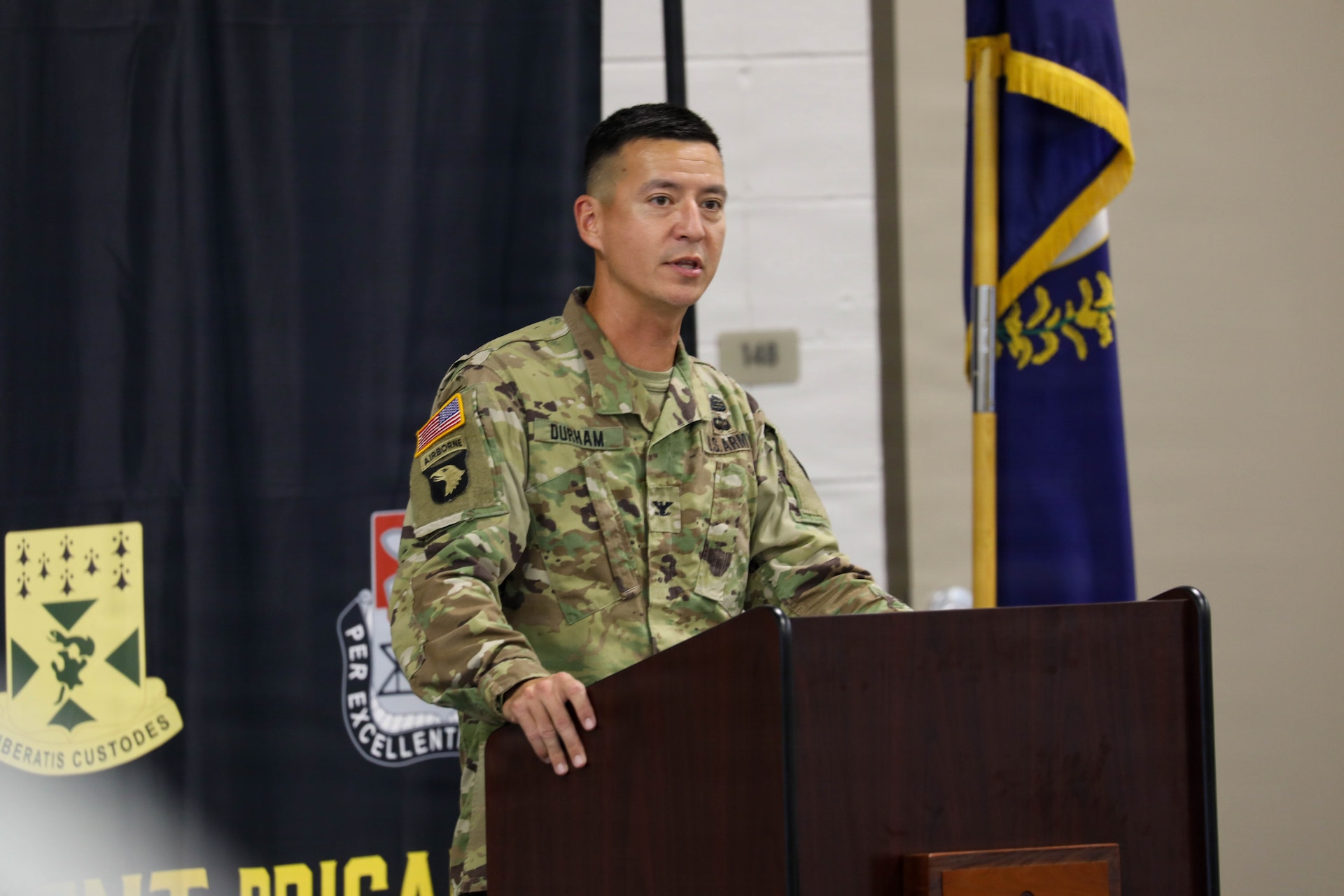 U.S. Army Col. Terry Durham, commander of Kentucky's 149th Maneuver Enhancement Brigade, delivers remarks during a ceremony held at the Richmond National Guard Armory, Sept. 11, 2026. During the ceremony, Command Sgt. Maj. Aaron T. Lester relinquished responsibility of the brigade to Command Sgt. Maj. Bryan M. Jefferson.
