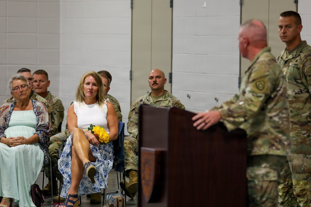 U.S. Army Command Sgt. Maj. Bryan M. Jefferson thanks his wife, Jennifer, while delivering remarks during his change of responsibility ceremony held at the National Guard Armory in Richmond, Kentucky, Sept. 11, 2026.