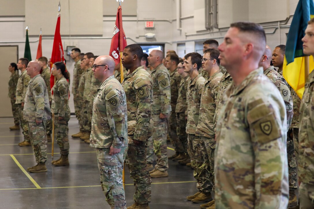Soldiers of the 149th Maneuver Enhancement Brigade stand in formation as U.S. Army Command Sgt. Maj. Aaron T. Lester relinquishes responsibility of the brigade to Command Sgt. Maj. Bryan M. Jefferson during a ceremony held at the National Guard Armory in Richmond, Kentucky, Sept. 11, 2026.