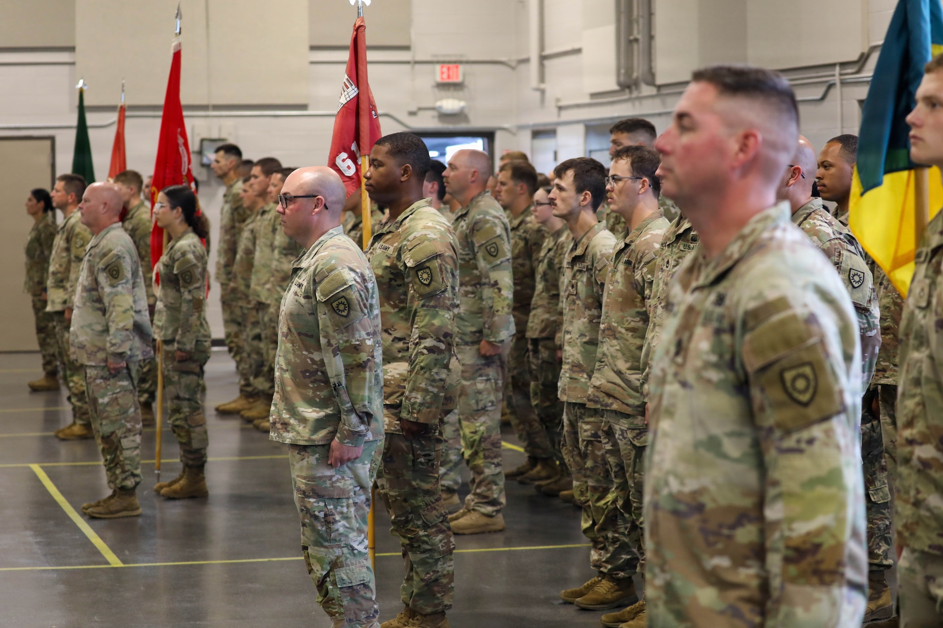 Soldiers of the 149th Maneuver Enhancement Brigade stand in formation as U.S. Army Command Sgt. Maj. Aaron T. Lester relinquishes responsibility of the brigade to Command Sgt. Maj. Bryan M. Jefferson during a ceremony held at the National Guard Armory in Richmond, Kentucky, Sept. 11, 2026.