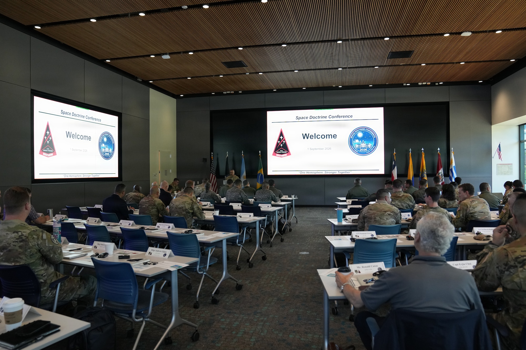 U.S. and partner-nation representatives attend the opening session of the 2026 Space Doctrine Conference in Tucson, Arizona, Sept. 1, 2026. Hosted by U.S. Space Forces Southern with the University of Arizona’s Kyl Institute for National Security, the conference focused on strengthening regional space capabilities, doctrine and interoperability.