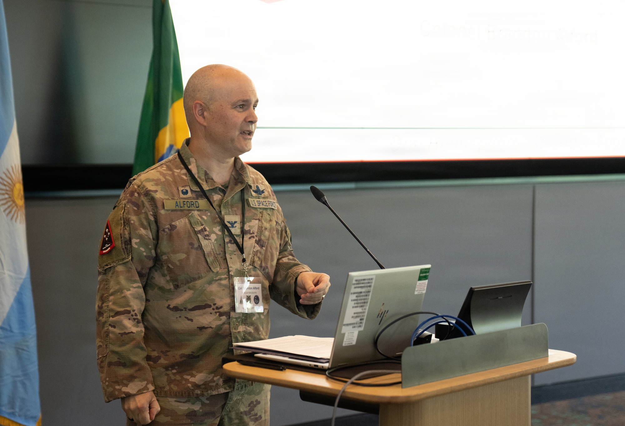U.S. Space Force Col. Brandon Alford, commander of U.S. Space Forces Southern, delivers opening remarks during the 2026 Space Doctrine Conference in Tucson, Arizona, Sept. 1, 2026. Alford encouraged participants to identify shared security challenges and develop actionable solutions supporting multinational space operations across the Western Hemisphere.