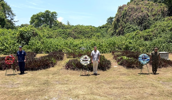 U.S. Marine Corps Lt. Gen. George Rowell, U.S. Pacific Command Deputy Commander, stands with fellow service members at the Douglas Munro Memorial at Point Cruz, Solomon Islands, Sept. 5, 2026.