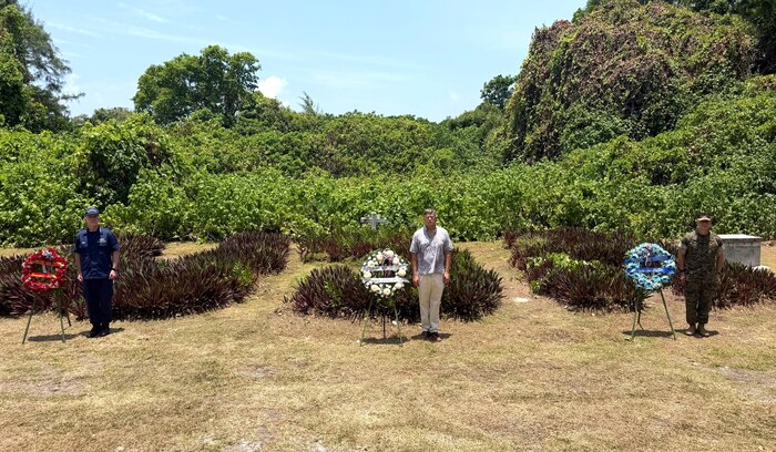 U.S. Marine Corps Lt. Gen. George Rowell, U.S. Pacific Command Deputy Commander, stands with fellow service members at the Douglas Munro Memorial at Point Cruz, Solomon Islands, Sept. 5, 2026.