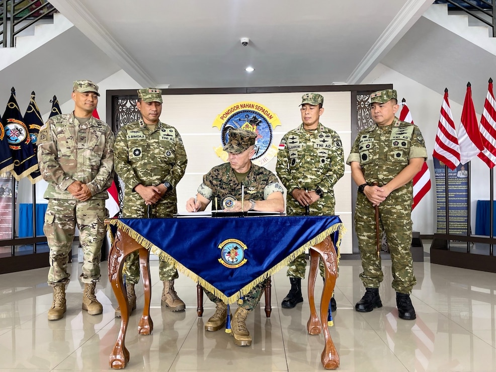 U.S. Marine Corps Lt. Gen. George Rowell, U.S. Pacific Command Deputy Commander, stands with fellow service members at the Douglas Munro Memorial at Point Cruz, Solomon Islands, Sept. 5, 2026.