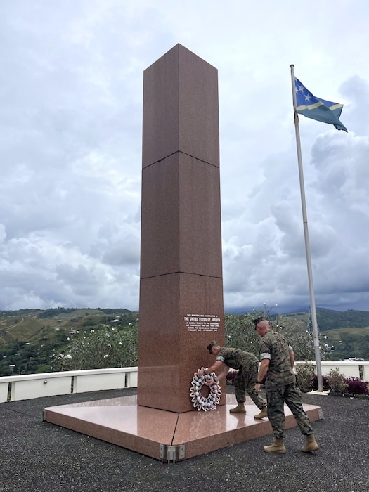 U.S. Marine Corps Lt. Gen. George Rowell, U.S. Pacific Command Deputy Commander, stands with fellow service members at the Douglas Munro Memorial at Point Cruz, Solomon Islands, Sept. 5, 2026.
