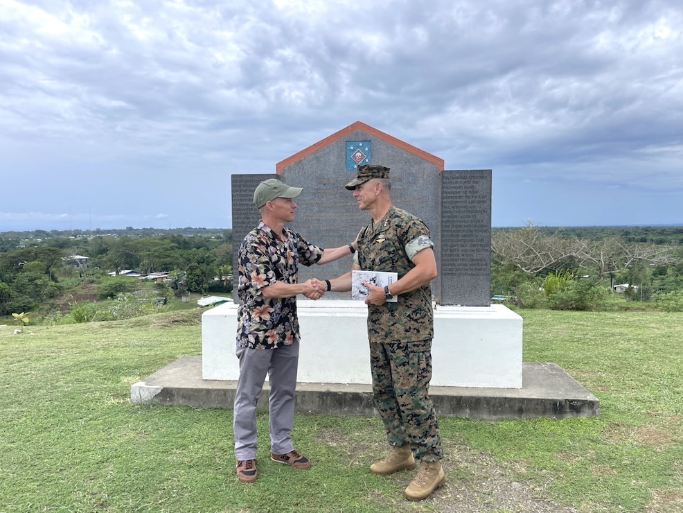 U.S. Marine Corps Lt. Gen. George Rowell, U.S. Pacific Command Deputy Commander, stands with fellow service members at the Douglas Munro Memorial at Point Cruz, Solomon Islands, Sept. 5, 2026.