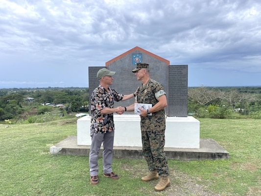 U.S. Marine Corps Lt. Gen. George Rowell, U.S. Pacific Command Deputy Commander, stands with fellow service members at the Douglas Munro Memorial at Point Cruz, Solomon Islands, Sept. 5, 2026.