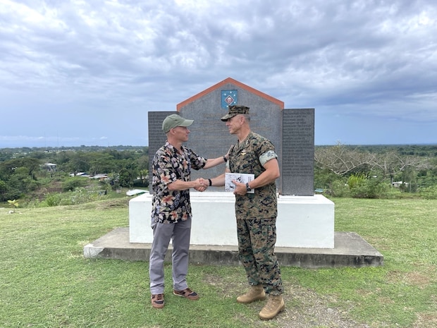 U.S. Marine Corps Lt. Gen. George Rowell, U.S. Pacific Command Deputy Commander, stands with fellow service members at the Douglas Munro Memorial at Point Cruz, Solomon Islands, Sept. 5, 2026.