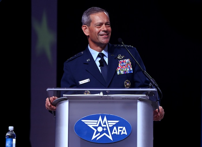 Air Force Chief of Staff Gen. delivers a keynote address during the 2026 Air, Space and Cyber Conference at the National Harbor, Md., Sept 14, 2026. The annual conference is an opportunity for Department of the Air Force senior leaders to meet and address Airmen, Guardians, allies, partners and industry leaders. U.S. Air Force photo by Chad Trujillo)