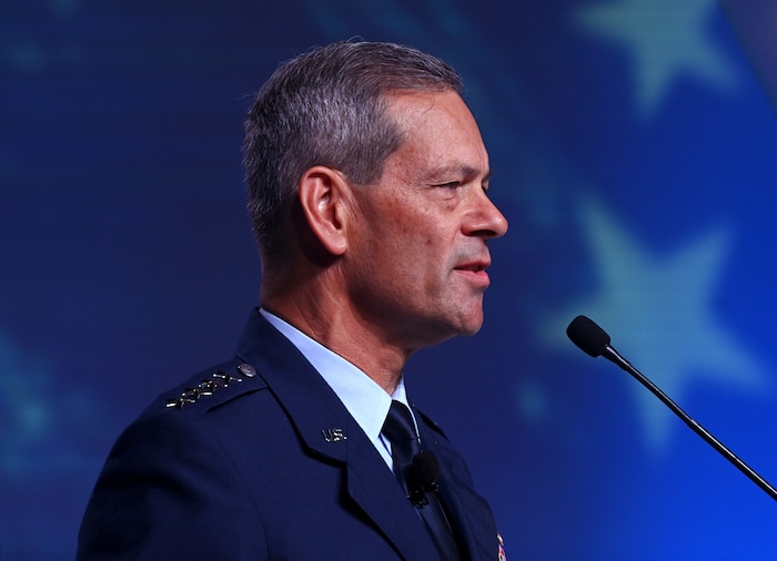 Air Force Chief of Staff Gen. delivers a keynote address during the 2026 Air, Space and Cyber Conference at the National Harbor, Md., Sept 14, 2026. The annual conference is an opportunity for Department of the Air Force senior leaders to meet and address Airmen, Guardians, allies, partners and industry leaders. U.S. Air Force photo by Chad Trujillo)
