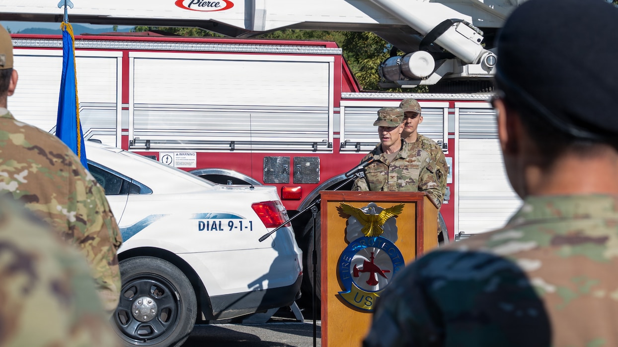 U.S. Air Force Col. Ryan Ley, 51st Fighter Wing commander, delivers remarks during a 9/11 Memorial Ceremony at Osan Air Base, Republic of Korea, Sept. 11, 2026. The ceremony honored first responders who selflessly responded to the Sept. 11, 2001, terrorist attacks, including those who made the ultimate sacrifice while saving others. (U.S. Air Force photo by Senior Airman Megan Cusmano)