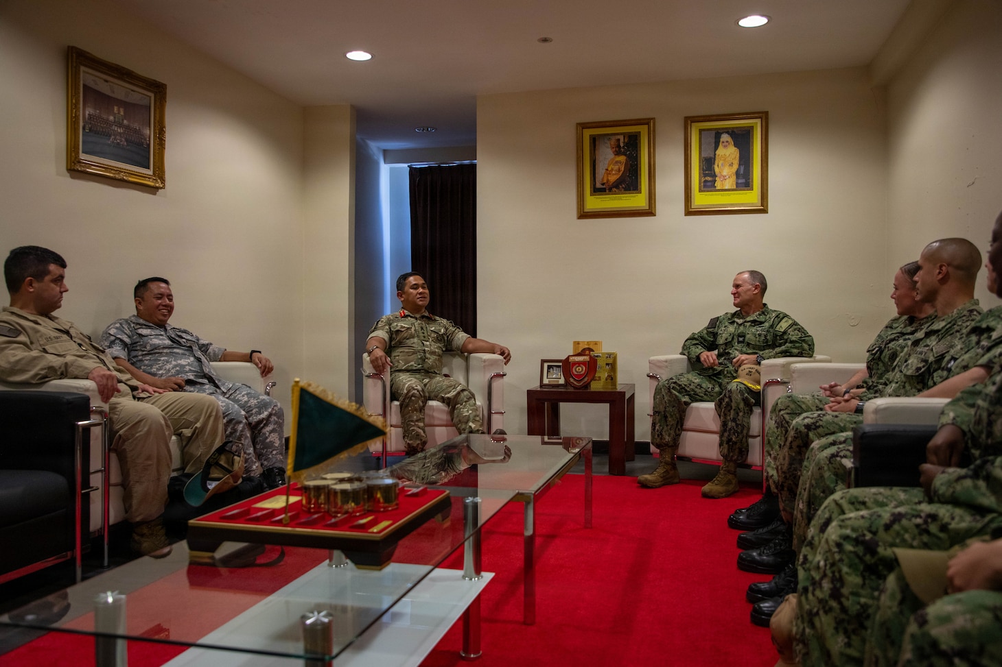 Col. Muhammad Suwardi Ariffin, left, chief of staff of Joint Force Headquarters, Royal Brunei Armed Forces, and U.S. Coast Guard Capt. Michael Ross, right, commodore of Expeditionary Cutter Squadron, conduct an office call before the opening ceremony for exercise Cooperation Afloat Readiness and Training (CARAT) Brunei 2026, Sept. 14, 2026. CARAT Brunei 2026 is a bilateral exercise designed to enhance U.S. and partner navies’ abilities to operate together in response to shared maritime security challenges in the Indo-Pacific region.