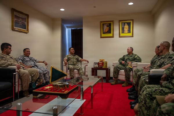 Col. Muhammad Suwardi Ariffin, left, chief of staff of Joint Force Headquarters, Royal Brunei Armed Forces, and U.S. Coast Guard Capt. Michael Ross, right, commodore of Expeditionary Cutter Squadron, conduct an office call before the opening ceremony for exercise Cooperation Afloat Readiness and Training (CARAT) Brunei 2026, Sept. 14, 2026. CARAT Brunei 2026 is a bilateral exercise designed to enhance U.S. and partner navies’ abilities to operate together in response to shared maritime security challenges in the Indo-Pacific region.