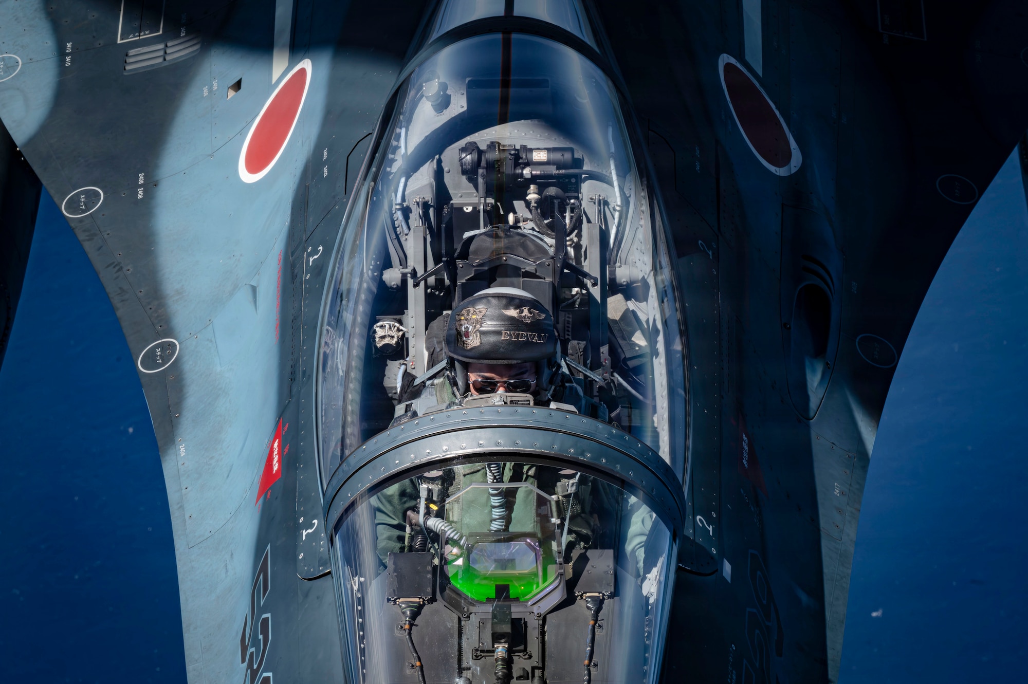 A Japan Air Self-Defense Force Mitsubishi F-2 pilot assigned to the 8th Air Wing approaches a KC-135 Stratotanker assigned to the 909th Air Refueling Squadron for aerial refueling over the Pacific Ocean, Sept. 2, 2026.