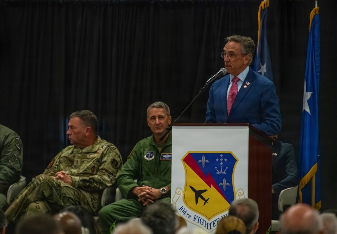 Michael McCabe, Mayor of the City of Westfield, speaks about how supportive the city is to the military servicemembers who call it home during a ceremony at Barnes Air National Guard Base, Westfield, Mass., Sept. 13 2026. The official arrival of the F-35 to Barnes marks the culmination of a decade of effort, including work by military officials, Massachusetts state lawmakers, congressional committees, and local civic partners. The 104th's new mission to provide lethal and ready airpower to combatant commanders anytime and anywhere carries forth the heritage of the National Guard first formed in Massachusetts over 250 years ago - always ready, and by the sword. (U.S. Air National Guard photo by Airman 1st Class Elijah Harris)