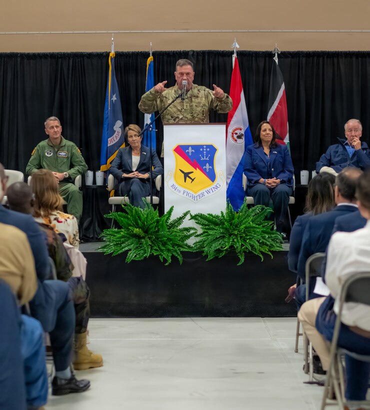 U.S. Air Force Maj. Gen. Gary W. Keefe, Adjutant General of the Massachusetts National Guard, challenges the 104th Fighter Wing Airmen in attendance to get ready for combat and discomfort during a ceremony at Barnes Air National Guard Base, Westfield, Mass., Sept. 13 2026. The official arrival of the F-35 to Barnes marks the culmination of a decade of effort, including work by military officials, Massachusetts state lawmakers, congressional committees, and local civic partners. The 104th's new mission to provide lethal and ready airpower to combatant commanders anytime and anywhere carries forth the heritage of the National Guard first formed in Massachusetts over 250 years ago - always ready, and by the sword. (U.S. Air National Guard photo by Airman 1st Class Elijah Harris)