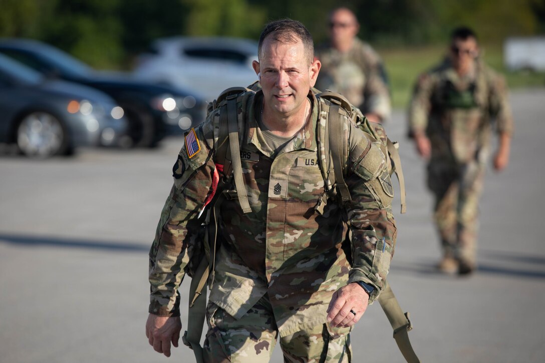 U.S. Army Command Sgt. Maj. Jesse Withers participates in the inaugural Danish Flyver Ruck March at Boone National Guard Center in Frankfort, August 28.