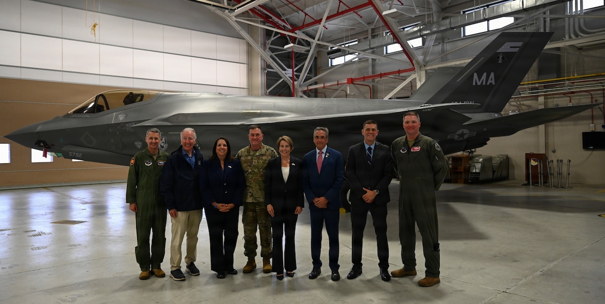 From left to right, U.S. Air Force Gen. Steven Nordhaus, Chief of Staff of the National Guard Bureau, U.S. Senator Richard Neal, Senator from the Commonwealth of Massachusetts, Kim Driscoll, Lt. Governor of the Commonwealth of Massachusetts, U.S. Air Force Maj. Gen. Gary W. Keefe, Adjutant General of the Massachusetts National Guard, The Honorable Maura Healy, Governor of the Commonwealth of Massachusetts, Michael McCabe, Mayor of the City of Westfield, U.S. Army Maj. John Velis, Massachusetts Senator for Hampden and Hampshire Districts, and U.S. Air Force Col. Michael 'Shot' Glass, Commander of the 104th Fighter Wing, pose for a group photo in front of an F-35A Lightning II multi-role fighter aircraft during a ceremony at Barnes Air National Guard Base, Westfield, Mass., Sept. 13 2026. The official arrival of the F-35 to Barnes marks the culmination of a decade of effort, including work by military officials, Massachusetts state lawmakers, congressional committees, and local civic partners. The 104th's new mission to provide lethal and ready airpower to combatant commanders anytime and anywhere carries forth the heritage of the National Guard first formed in Massachusetts over 250 years ago - always ready, and by the sword. (U.S. Air National Guard Photo by Airman 1st Class Ellen Ozkaptan)