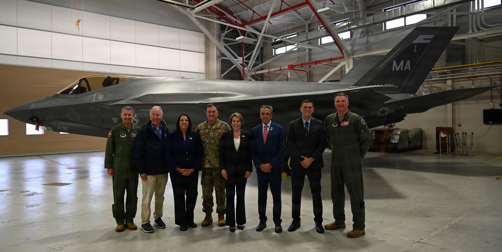 From left to right, U.S. Air Force Gen. Steven Nordhaus, Chief of Staff of the National Guard Bureau, U.S. Senator Richard Neal, Senator from the Commonwealth of Massachusetts, Kim Driscoll, Lt. Governor of the Commonwealth of Massachusetts, U.S. Air Force Maj. Gen. Gary W. Keefe, Adjutant General of the Massachusetts National Guard, The Honorable Maura Healy, Governor of the Commonwealth of Massachusetts, Michael McCabe, Mayor of the City of Westfield, U.S. Army Maj. John Velis, Massachusetts Senator for Hampden and Hampshire Districts, and U.S. Air Force Col. Michael 'Shot' Glass, Commander of the 104th Fighter Wing, pose for a group photo in front of an F-35A Lightning II multi-role fighter aircraft during a ceremony at Barnes Air National Guard Base, Westfield, Mass., Sept. 13 2026. The official arrival of the F-35 to Barnes marks the culmination of a decade of effort, including work by military officials, Massachusetts state lawmakers, congressional committees, and local civic partners. The 104th's new mission to provide lethal and ready airpower to combatant commanders anytime and anywhere carries forth the heritage of the National Guard first formed in Massachusetts over 250 years ago - always ready, and by the sword. (U.S. Air National Guard Photo by Airman 1st Class Ellen Ozkaptan)