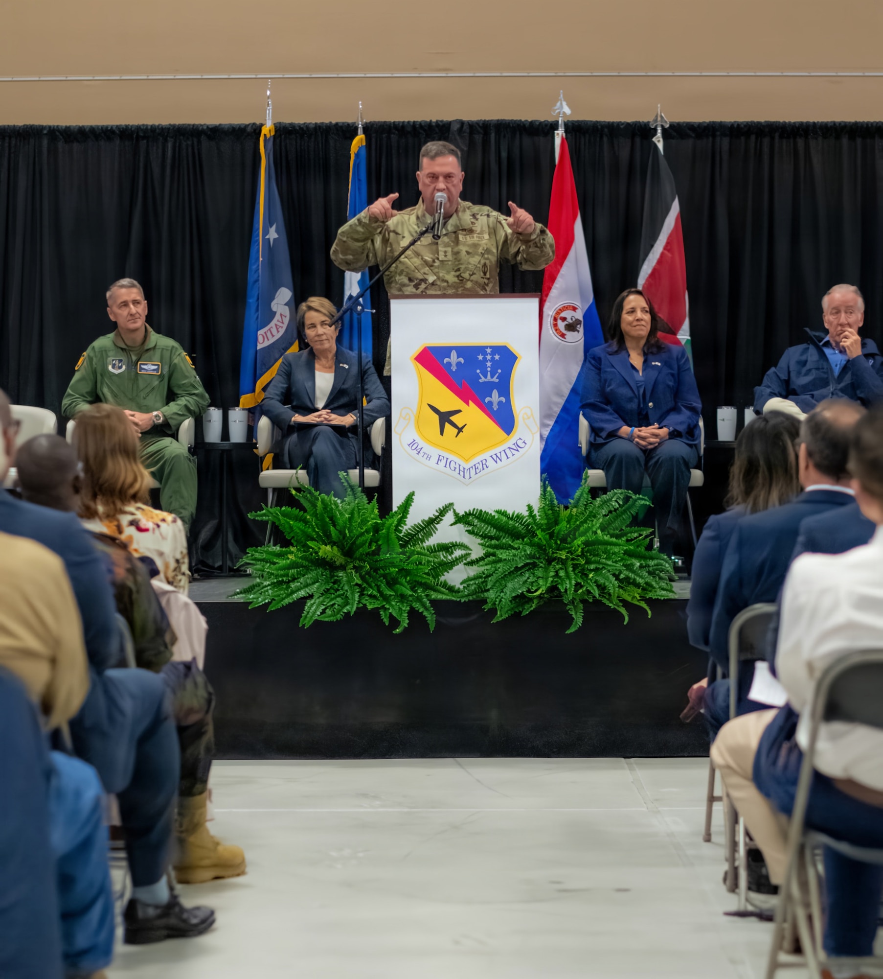 U.S. Air Force Maj. Gen. Gary W. Keefe, Adjutant General of the Massachusetts National Guard, challenges the 104th Fighter Wing Airmen in attendance to get ready for combat and discomfort during a ceremony at Barnes Air National Guard Base, Westfield, Mass., Sept. 13 2026. The official arrival of the F-35 to Barnes marks the culmination of a decade of effort, including work by military officials, Massachusetts state lawmakers, congressional committees, and local civic partners. The 104th's new mission to provide lethal and ready airpower to combatant commanders anytime and anywhere carries forth the heritage of the National Guard first formed in Massachusetts over 250 years ago - always ready, and by the sword. (U.S. Air National Guard photo by Airman 1st Class Elijah Harris)
