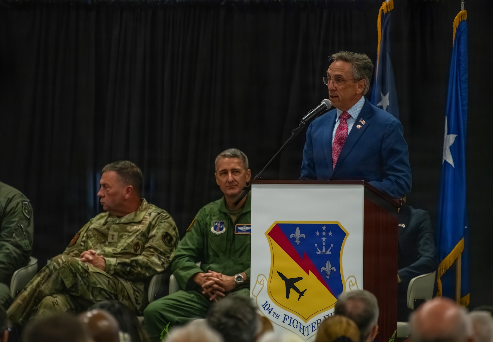Michael McCabe, Mayor of the City of Westfield, speaks about how supportive the city is to the military servicemembers who call it home during a ceremony at Barnes Air National Guard Base, Westfield, Mass., Sept. 13 2026. The official arrival of the F-35 to Barnes marks the culmination of a decade of effort, including work by military officials, Massachusetts state lawmakers, congressional committees, and local civic partners. The 104th's new mission to provide lethal and ready airpower to combatant commanders anytime and anywhere carries forth the heritage of the National Guard first formed in Massachusetts over 250 years ago - always ready, and by the sword. (U.S. Air National Guard photo by Airman 1st Class Elijah Harris)