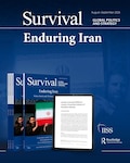 Promotional graphic for the August–September 2026 issue of Survival: Global Politics and Strategy, titled “Enduring Iran.” The graphic shows print copies of the journal alongside a tablet displaying the article “Nuclear Command Without Control: AI and the Problem of Escalation,” with IISS and Routledge logos.