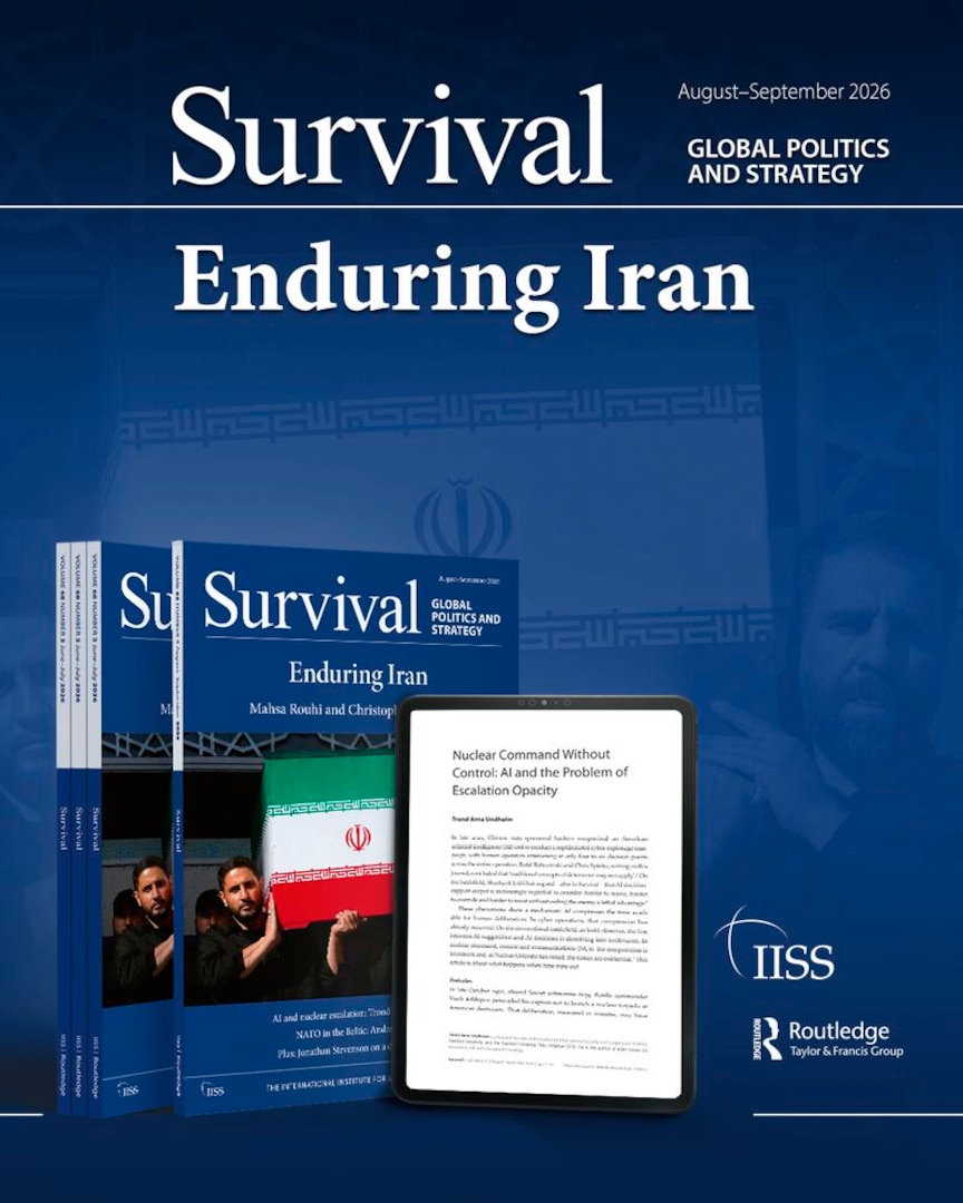 Promotional graphic for the August–September 2026 issue of Survival: Global Politics and Strategy, titled “Enduring Iran.” The graphic shows print copies of the journal alongside a tablet displaying the article “Nuclear Command Without Control: AI and the Problem of Escalation,” with IISS and Routledge logos.
