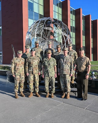 Multiple U.S. combatant commanders, command senior enlisted leaders and strategic planners pose for a photo during joint warfighter talks at U.S. Strategic Command headquarters on Offutt Air Force Base, Nebraska, Aug. 27, 2026. USSTRATCOM hosted a series of pivotal warfighter talks, with senior military leaders from U.S. Northen Command, U.S. Pacific Command, U.S. Special Operations Command, U.S. Cyber Command, U.S. Transportation Command and U.S. Space Command, aiming to bolster joint force capabilities and drive discussions on strategic integration across multiple domains. (U.S. Air Force photo by Zachary Hada)
