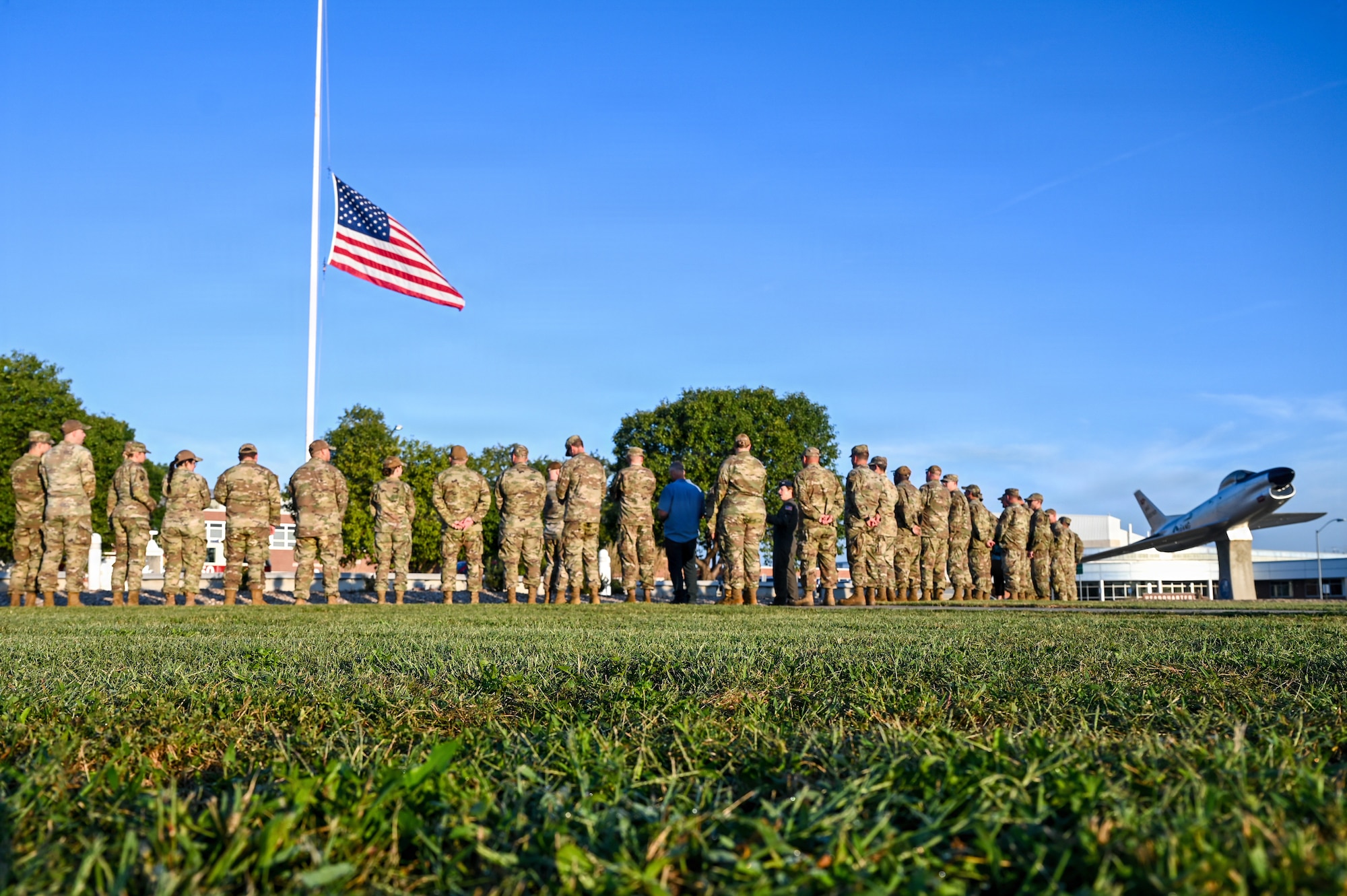 Airmen from the 155th Air Refueling Wing gather at the Memorial Plaza on Lincoln Air Base, Nebraska, to honor the lives lost during the Sept. 11, 2001, terrorist attacks. This year marks the 25th anniversary of 9/11, commemorating those who lost their lives and honoring the courage and sacrifice of those who responded.