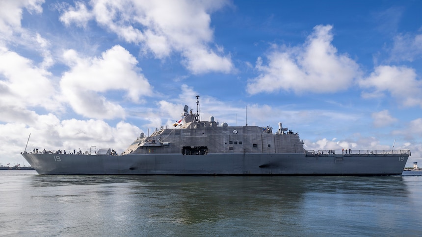 260913-N-VW723-1133 NAVAL STATION MAYPORT, Fla. (Sept. 13, 2026) - Freedom-class littoral combat ship USS St. Louis (LCS 19) departs Naval Station Mayport in support of U.S. Northern Command's mission to secure the southern border of the United States, Sept. 13, 2026. Littoral combat ships are fast, agile, mission-focused platforms designed to operate in near-shore environments and defeat 21st-century coastal threats, supporting the U.S. Navy's goals of forward presence, maritime security, sea control, and deterrence. (U.S. Navy photo by Mass Communication Specialist 1st Class Keenan Daniels)