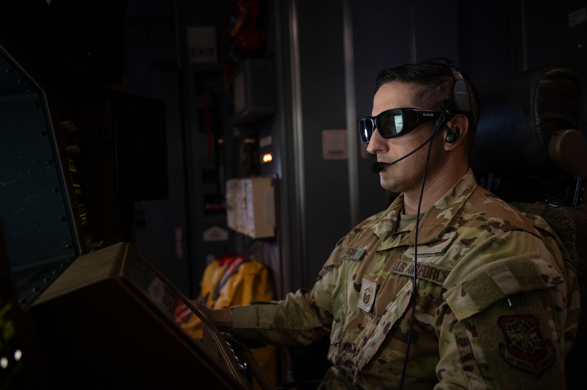 U.S. Air Force Master Sgt. Javier Garcia, 2nd Air Refueling Squadron KC-46A Pegasus aircraft boom operator instructor, uses the aircraft’s remote vision system while conducting aerial refueling training over the Atlantic Ocean, July 31, 2026.