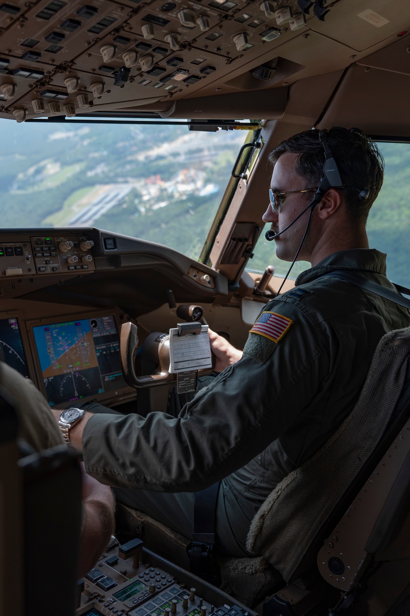 U.S. Air Force Capt. Christopher Williams, 2nd Air Refueling Squadron KC-46A Pegasus aircraft pilot, navigates to Joint Base McGuire-Dix-Lakehurst, N.J., after a routine training mission over the Atlantic Ocean, July 31, 2026.