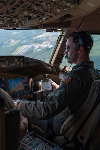 U.S. Air Force Capt. Christopher Williams, 2nd Air Refueling Squadron KC-46A Pegasus aircraft pilot, navigates to Joint Base McGuire-Dix-Lakehurst, N.J., after a routine training mission over the Atlantic Ocean, July 31, 2026.