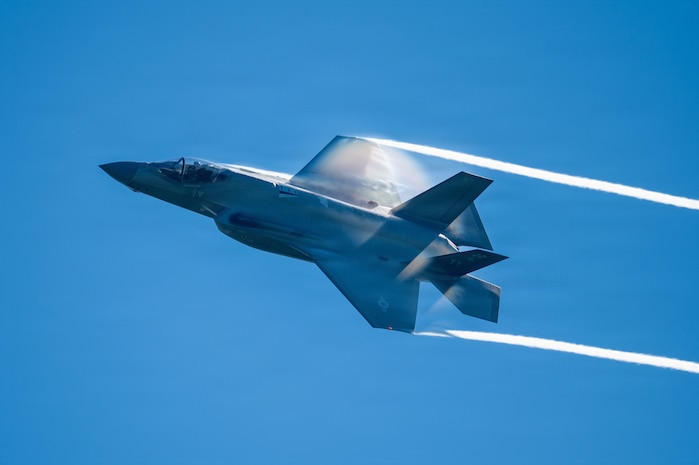 A U.S. Air Force F-35A Lightning II banks during a demonstration at Misawa Range Day at Draughon Range near Misawa Air Base, Japan, Sept. 11, 2026.
