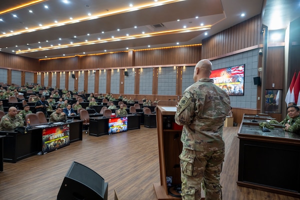 U.S. Air Force Brig. Gen. Phillip L. Mallory, Hawaii Air National Guard commander, delivers remarks during the closing ceremony of a Staff Exercise at the Indonesian Armed Forces Staff and Command School during Super Garuda Shield 26 in Bandung, Indonesia, Sep. 10, 2026.