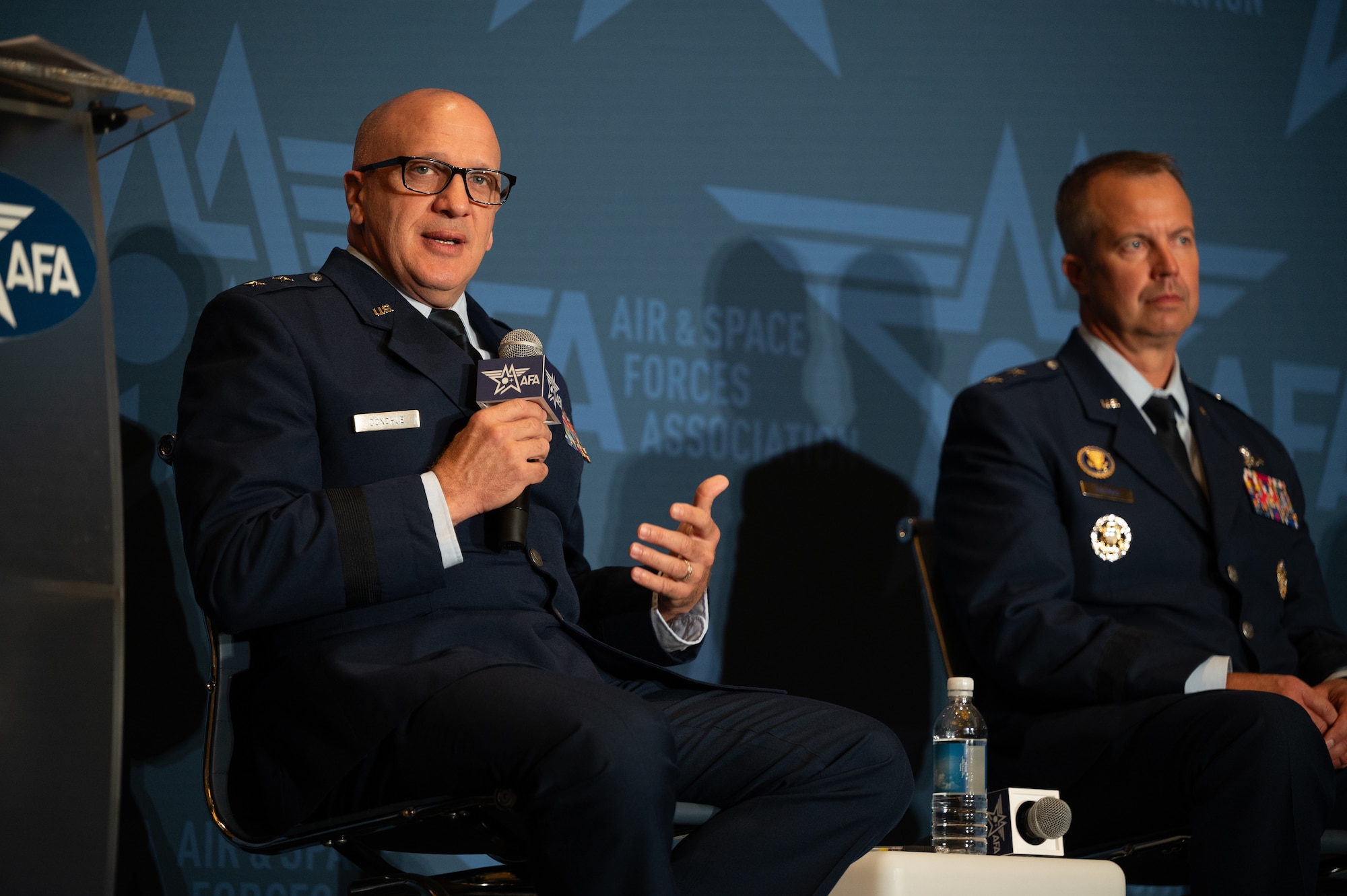Maj. Gen. Gerald Donohue, deputy commander of Air Mobility Command, speaks during a panel at the 2026 AFA Air, Space and Cyber conference in the National Harbor, Md., Sept. 14, 2026. The panel discussion focused on lessons learned from recent operations and the evolving role of long range airpower going forward. (U.S. Air Force photo by Airman 1st Class Ethan Klindt)