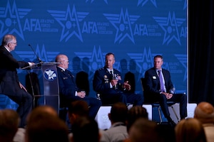 Maj. Gen. Ty Neuman, Eighth Air Force and Joint-Global Operations Center commander, speaks at the Long-Range Airpower: Lessons From Midnight Hammer and Epic Fury panel