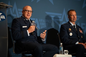 Maj. Gen. Gerald Donohue, deputy commander of Air Mobility Command, speaks during a panel at the 2026 AFA Air, Space and Cyber conference in the National Harbor, Md., Sept. 14, 2026. The panel discussion focused on lessons learned from recent operations and the evolving role of long range airpower going forward. (U.S. Air Force photo by Airman 1st Class Ethan Klindt)