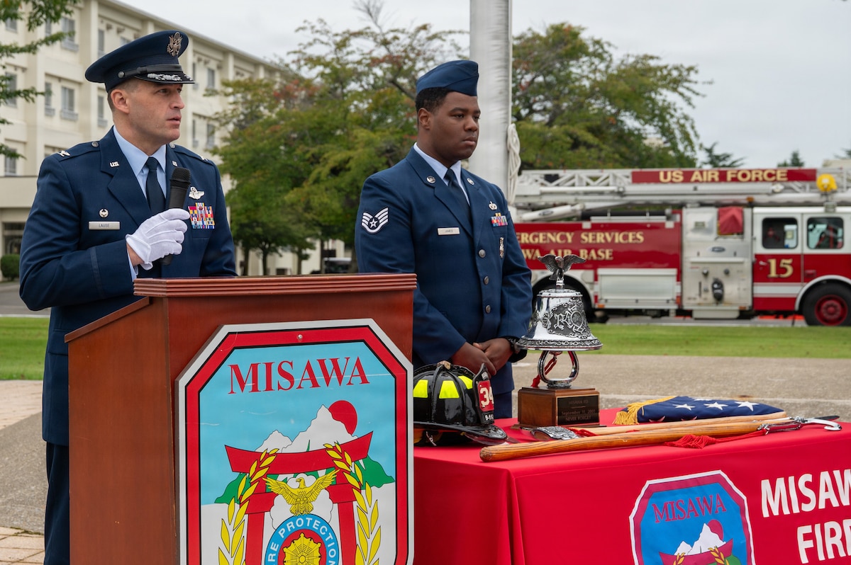 U.S. Air Force Col. Oliver Lause, 35th Fighter Wing commander, delivers remarks during a Patriot Day remembrance ceremony at Misawa Air Base, Japan, Sept. 11, 2026. Lause reflected on the significance of Sept. 11 and the enduring commitment to honor those who lost their lives and those who answered the call to serve. (U.S. Air Force photo by Airman 1st Class Angelica Winther)