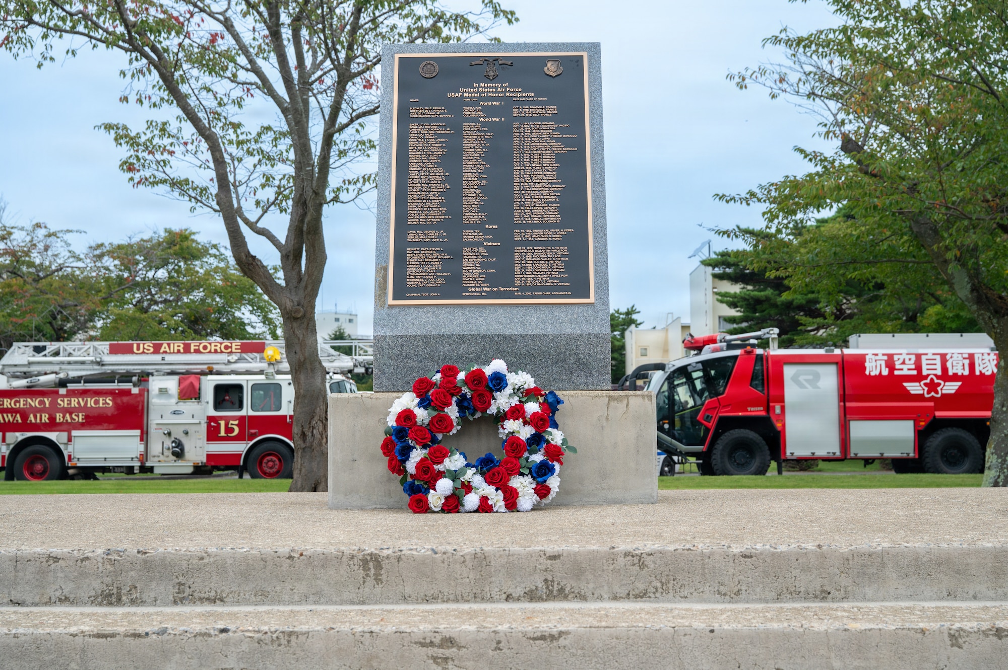 A wreath rests at the Medal of Honor Memorial following a Patriot Day remembrance ceremony at Misawa Air Base, Japan, Sept. 11, 2026. The observance brought U.S. Forces and Japan Air Self-Defense Force members together to honor the lives lost during the Sept. 11, 2001, terrorist attacks and recognize the enduring legacy of service and sacrifice that followed. (U.S. Air Force photo by Airman 1st Class Angelica Winther)