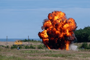 Ordnance detonates after being deployed by a U.S. Air Force F-16 Fighting Falcon during Misawa Range Day at Draughon Range near Misawa Air Base, Japan, Sept. 11, 2026. Live munitions training showcased the precision combat capabilities 35th Fighter Wing Airmen maintain to generate credible airpower, deter aggression and remain ready to respond to operational demands across the Pacific. (U.S. Air Force photo by Airman 1st Class Angelica Winther)