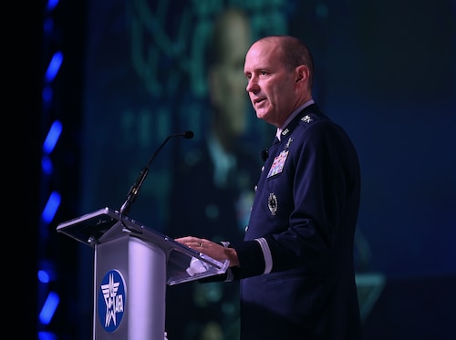Chief of Space Operations Gen. Douglas Schiess delivers a keynote address during the Air, Space and Cyber Conference at National Harbor, Md., Sept 15, 2026.