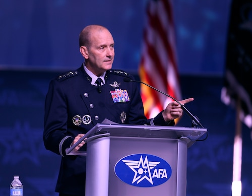 Chief of Space Operations Gen. Douglas Schiess delivers a keynote address during the Air, Space and Cyber Conference at National Harbor, Md., Sept 15, 2026.