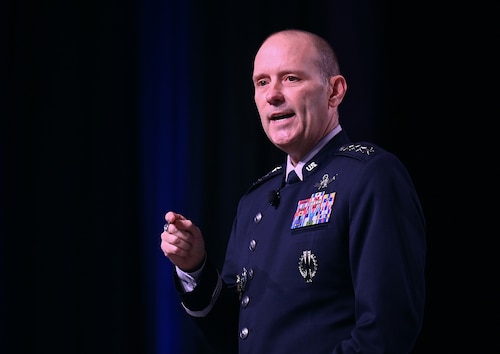 Chief of Space Operations Gen. Douglas Schiess delivers a keynote address during the Air, Space and Cyber Conference at National Harbor, Md., Sept 15, 2026.