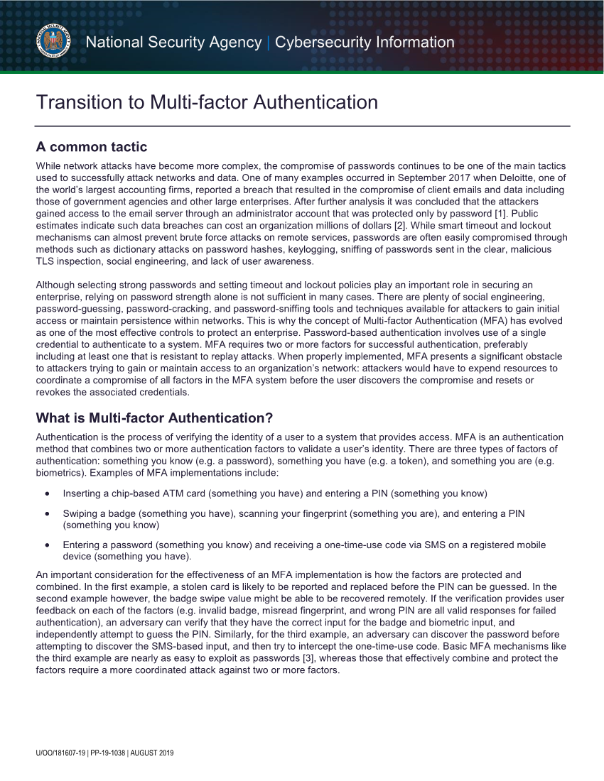  Info Sheet: Transition to Multi-Factor Authentication (August 2019)