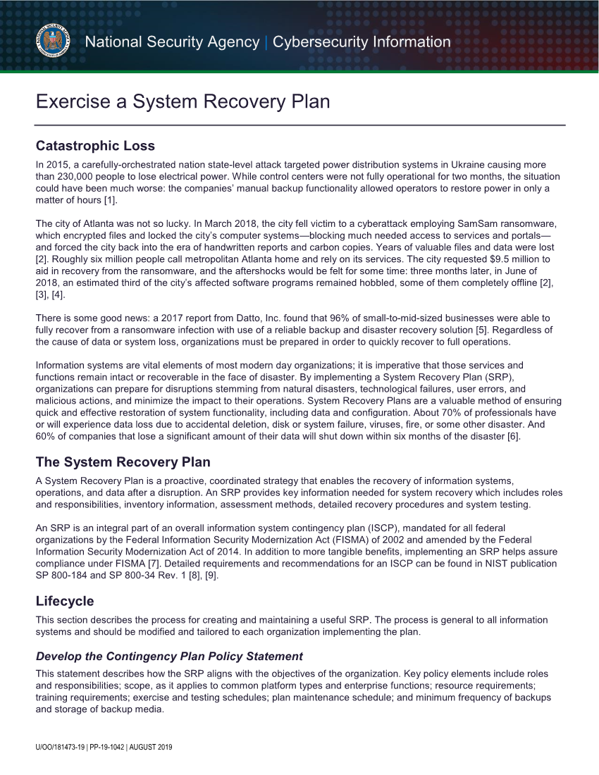  Info Sheet: Exercise a System Recovery Plan (August 2019)