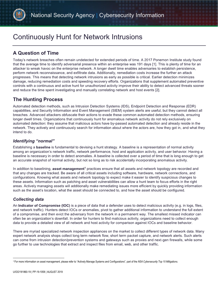 Info Sheet: Continuously Hunt for Network Intrusions (August 2019)