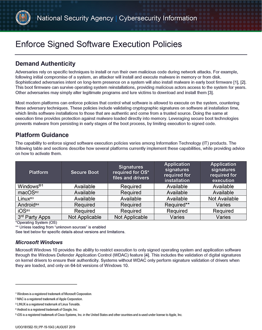  Info Sheet: Enforce Signed Software Execution Policies (August 2019)